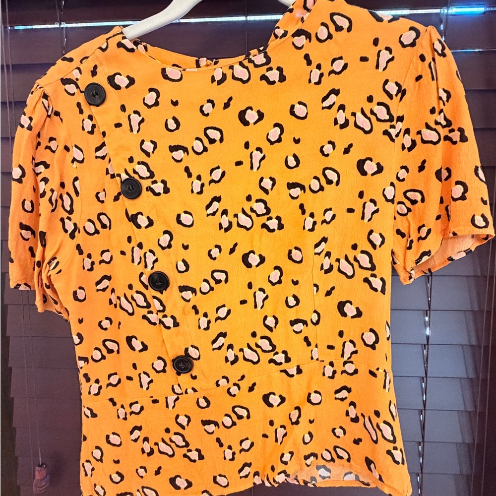 Top Shop Orange Leopard Print Button-Accent Top